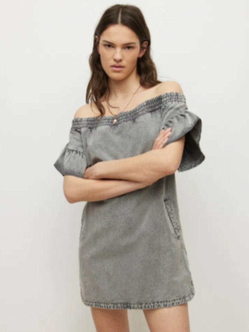 All Saints Adela Mini Dress Women's 2 Denim Off The Shoulder Witchy Grunge Twee